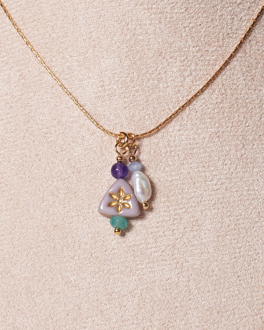 Dainty Mint Flower Necklace with Keishi Pearl • Fine 1mm Snake Chain • Minimalist Czech Glass Jewelry • Layering Pastel Necklace - JUNEJewelsStudio