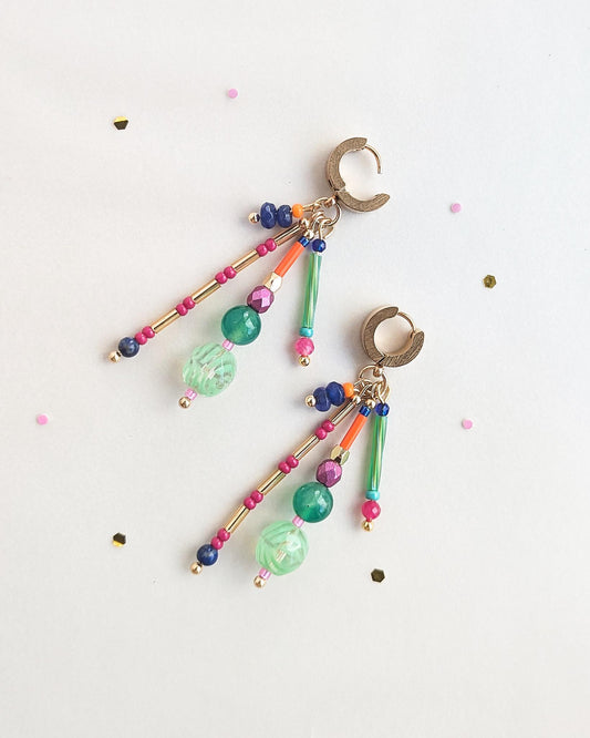 Huggie Hoop Earrings: Lapis Lazuli, Green Jade, Quartz Natural Stones and Colorful Czech Glass Bead Charms - JUNEJewelsStudio