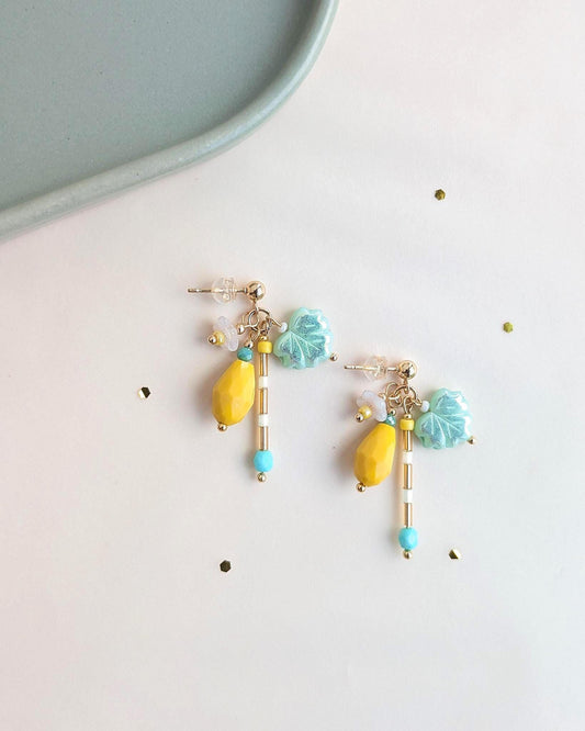 Lemon drop earrings | Czech Glass floral hoop earrings | 18k gold Plated earrings | fruit garden earrings | Gift for her - JUNEJewelsStudio