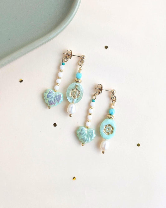 Natural Pearl Ear Jackets, Seafoam & Gold Czech Bead Earrings, Dainty Front Back Jewelry, Modern Boho Wedding Guest Gift - JUNEJewelsStudio