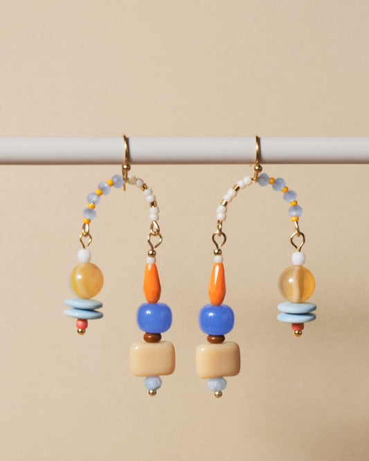 Colorful Geometric Arch Earrings • Yellow Striped Agate Mobile Dangles • Modern Delicate Jewelry for Women - JUNEJewelsStudio