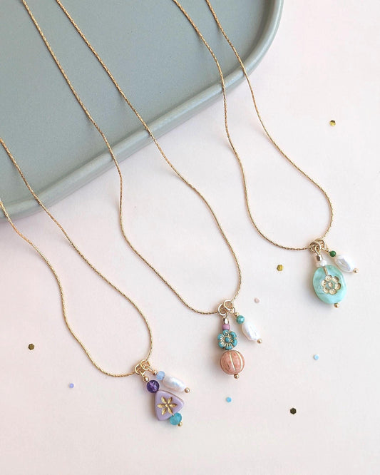 Pastel Trio Necklace Collection • Choose Your Favorite: Mint, Lavender or Rose • Dainty Flower & Keishi Pearl Jewelry • Gold Snake Chain Set - JUNEJewelsStudio