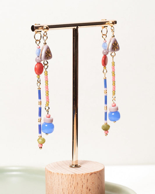 Long Lavender Flower Ear Jackets • Boho Colorful Statement Earrings • Peridot and Mother of Pearl Jewelry • Lilac & Coral Pink Drop Earrings - JUNEJewelsStudio