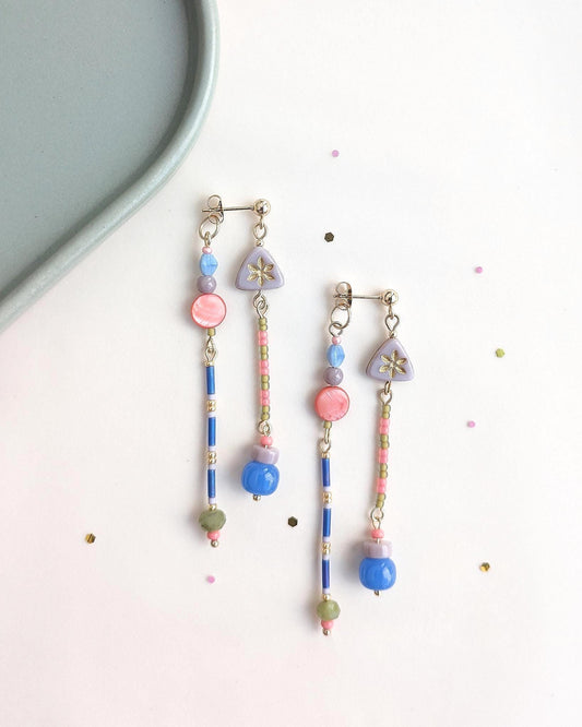 Long Lavender Flower Ear Jackets • Boho Colorful Statement Earrings • Peridot and Mother of Pearl Jewelry • Lilac & Coral Pink Drop Earrings - JUNEJewelsStudio