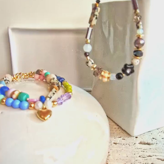 Romantic Gift - Gold Heart - Chunky Colorful Beaded Bracelet: Gemstone Friendship Bracelet