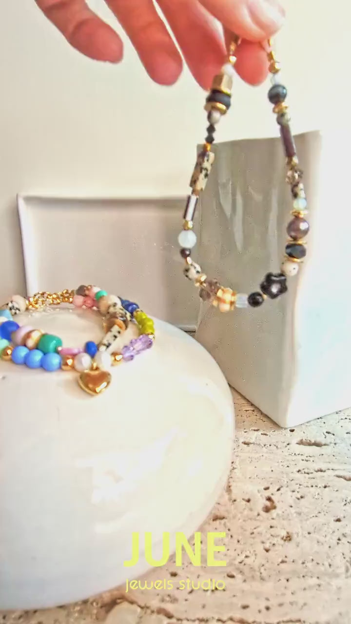 Romantic Gift - Gold Heart - Chunky Colorful Beaded Bracelet: Gemstone Friendship Bracelet